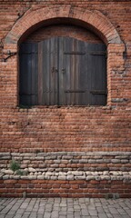 Obraz premium Old brick wall with a partially bricked up gate, worn, gray stone, old gate
