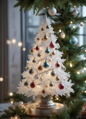 Ornaments wrapped around a frosted glass Christmas tree , festive, reflective, holiday