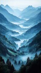 A serene misty mountain landscape ideal for calm and reflective themes, perfect for nature-related designs, meditation, or wellness events.