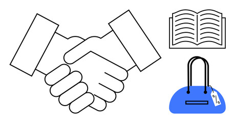 Two hands shaking, open book, and blue handbag with a price tag. Ideal for business deals, partnerships, education, shopping, learning finance and agreements. Line metaphor