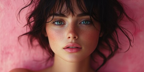 Portrait of a Happy Woman Emphasizing Youthful Glow and Skincare Results in a Studio with Pink Background