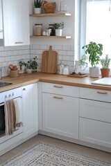 Modern White Kitchen Corner With Plants And Wooden Accents