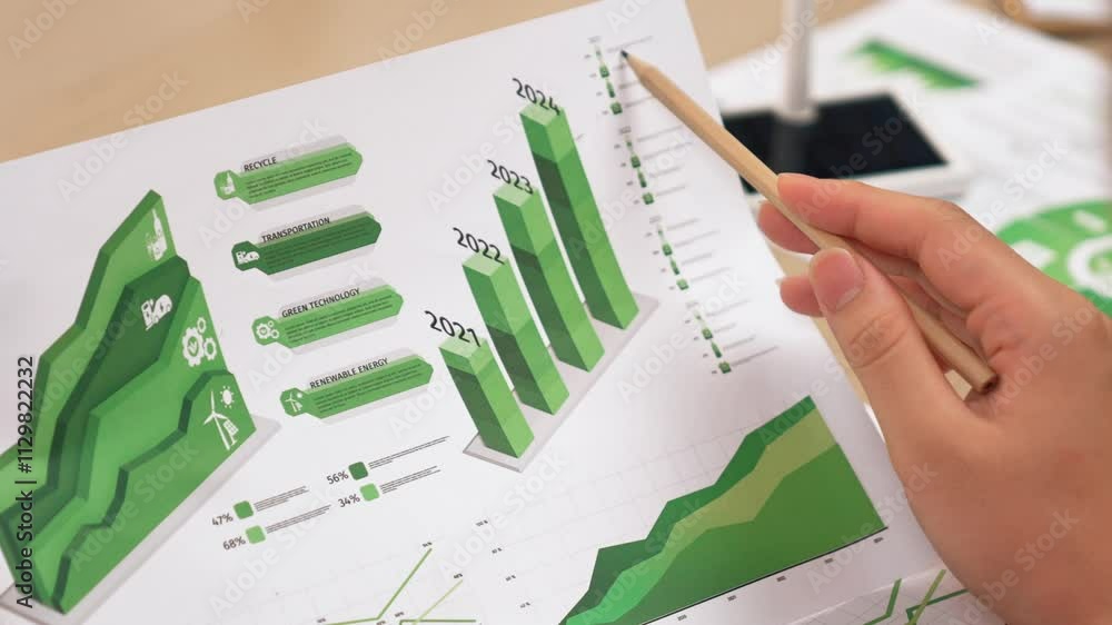 Poster businessman focus about using alternative energy making eco building in company, analyze green power