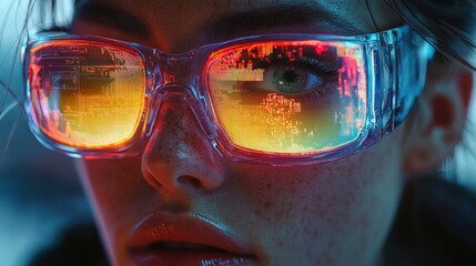 Woman Using Augmented Reality Glasses in Laboratory for Medical Research and Data Analysis with Futuristic Technology