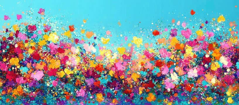 Vibrant abstract floral painting with colorful splashes and bright hues against a turquoise background.