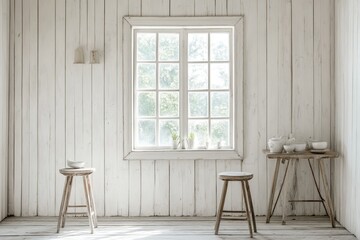 White Room With Wooden Stools Window And Ceramics