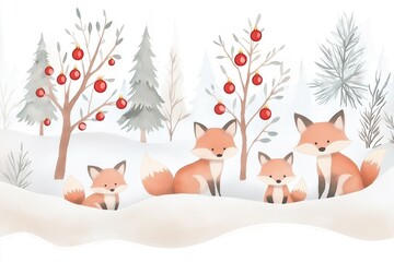 Fototapeta premium Cute baby foxes in a snowy winter forest scene with fir trees and Christmas ornaments. Woodland animals enjoy the snowy wonderland during the holidays. Perfect for nursery decor or baby shower gifts.