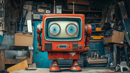 A brightly colored red retro robot stands proudly in an industrial workshop surrounded by vintage tools and machinery, evoking a playful yet nostalgic atmosphere of old-school robotics.. AI Generation