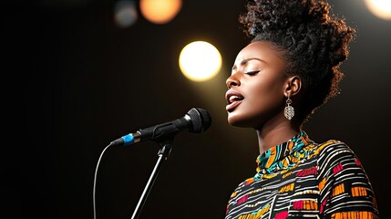 African American pride concept. A woman passionately sings at a microphone on stage with vibrant lights in the background.