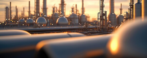 Oil petroleum idea. Sunset over industrial landscape with pipelines and equipment in a refinery.