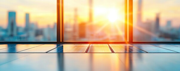 Fototapeta premium Solar sustainability concept. A stunning cityscape view through modern glass windows at sunrise.