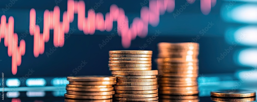 Poster currency value idea. close-up of stacked coins with a financial graph in the background.
