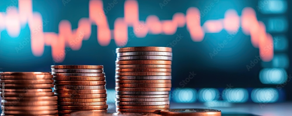 Poster currency value idea. close-up of coins stacked with a financial graph in the background.