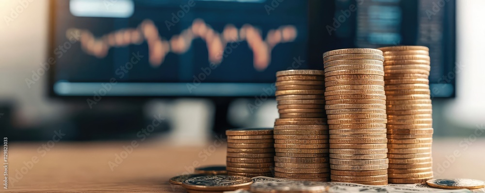 Poster currency value idea. close-up of stacked coins with financial data displayed on a screen in the back