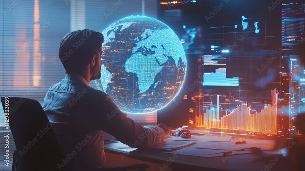 Aufkleber person analyzing data with a holographic globe display