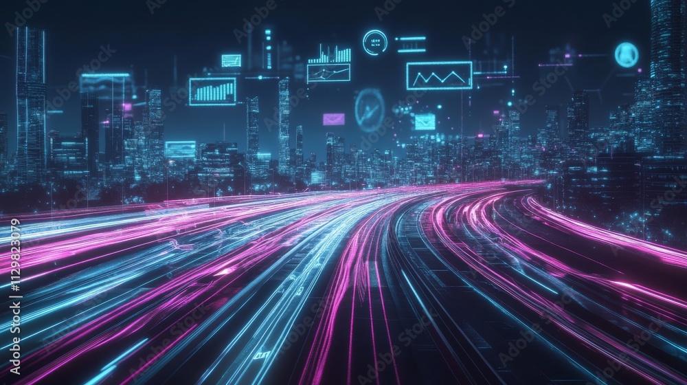 Poster a mesmerizing view of a high-tech city at night with neon highways stretching across the landscape. 