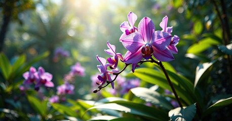 Obraz premium Purple Vanda Douglas orchid in a shaded garden , ornamental plant, shade