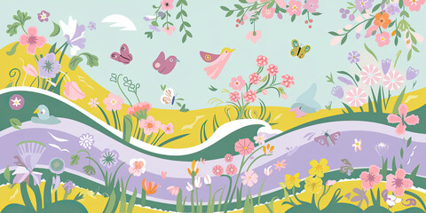 Obraz premium Whimsical Spring Meadow Birds Butterflies Flowers Stream