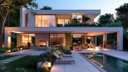 Fototapeta premium A modern villa at twilight with illuminated windows, showcasing sleek architecture. The patio features a luxurious swimming pool and a well-kept garden. Ultra-detailed