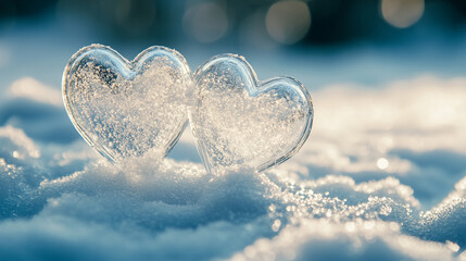 Two ice hearts nestled in fresh snow create a romantic atmosphere for Valentine's Day