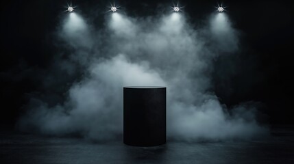Dark studio backdrop featuring black pedestal. Spotlights illuminate dark smoke. Product display or stage background. Dramatic lighting and dark ambiance. Suitable for showcasing different products.