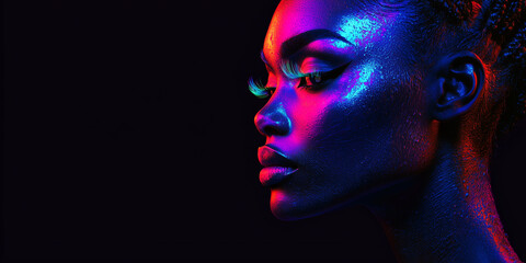 Fashion model woman in neon light, portrait of beautiful model girl with fluorescent makeup, Body art design in UV, painted face, colorful make up, over black background