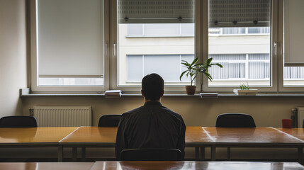 Fototapeta premium Man sitting alone in an empty office, gazing at an empty desk with a few personal items, symbolizing job loss and layoffs, conveying a sense of uncertainty and reflection