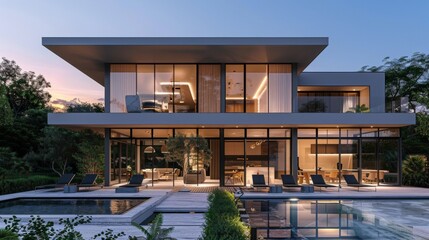 Fototapeta premium A modern villa at twilight with light streaming through large windows, a cozy fire pit on the patio