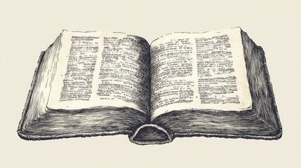 Obraz premium Open ancient book sketch. Opened bible engraving, diary etched drawing, vintage register volume hand drawing vector illustration