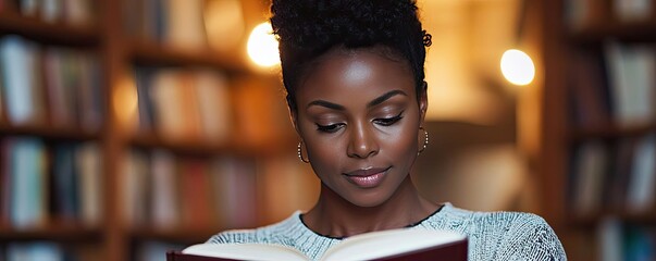 African American pride concept. A woman reading a book in a cozy library filled with shelves of literature.