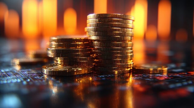 Gold Coins and Financial Graphs with Chiaroscuro Lighting in Business Background