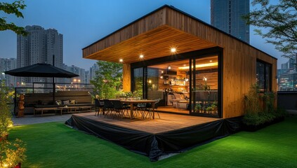 Fototapeta premium Modern Rooftop Cabin with City Views