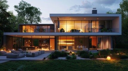 Fototapeta premium A modern villa at twilight with light streaming through large windows, showcasing a minimalist interior. The patio includes a sleek infinity pool