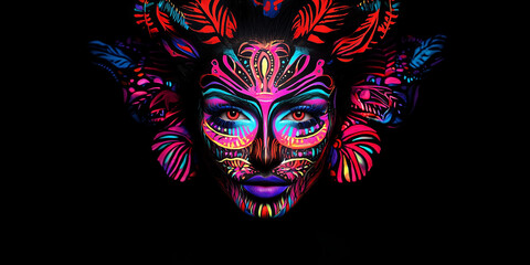 Fashion model woman in neon light, portrait of beautiful model girl with fluorescent makeup, Body art design in UV, painted face, colorful make up, over black background