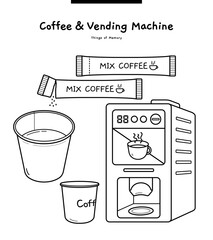 This illustration are a coffee vending machine in a Korean restaurant and a stick-type coffee powder called "Mix Coffee."