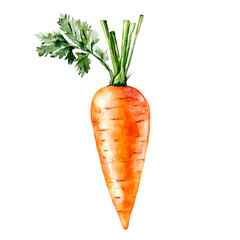 A carrot is shown with its green stem and leaf. The carrot is orange and has a pointed tip