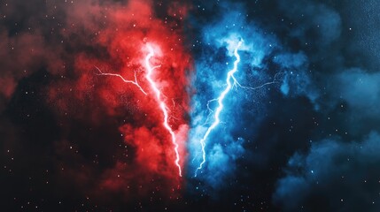 Obraz premium Opposition concept represented by a lightning bolt, with red and blue colors denoting a confrontation or struggle.