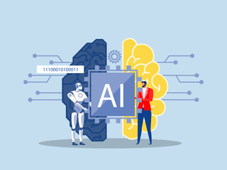 Partnership contact,Businessman matching cyborg idea or artificial intelligence technology futuristic, AI, with brain Machine future cooperation vector illustrator