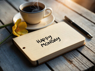 Happy monday text on a white notebook with  a cup of coffee and wooden background