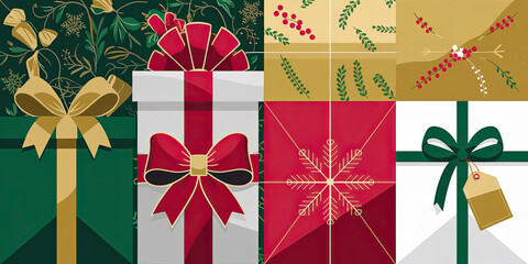 Obraz premium Festive Christmas Gifts Presents Bows Wrapping Paper Holiday Design