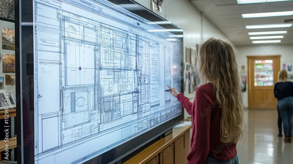 Poster student interacting with interactive whiteboard displaying architectural plans in a classroom
