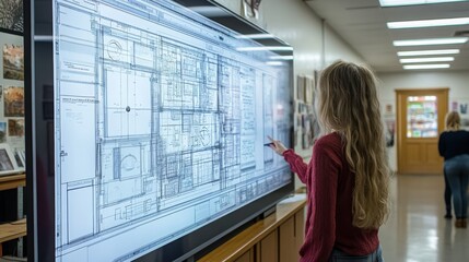 Student interacting with interactive whiteboard displaying architectural plans in a classroom