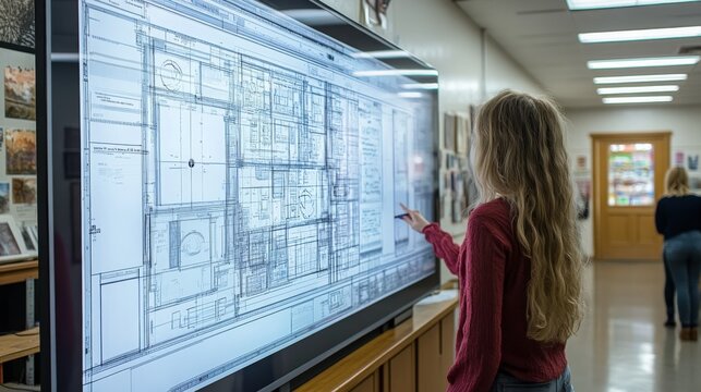 Student interacting with interactive whiteboard displaying architectural plans in a classroom