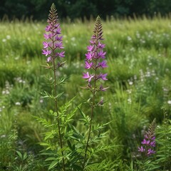 Obraz premium Tall Cleome rutidosperma stems with leaves in a meadow, tall plants, cleome