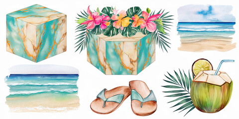Tropical Summer Watercolor Beach Flowers Marble Coconut Drink Flip Flops