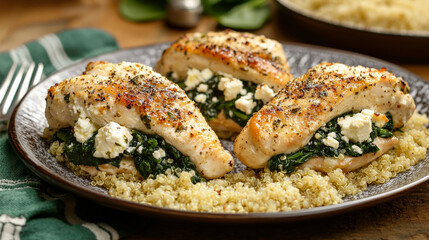 Stuffed chicken breast with spinach and feta served with quinoa