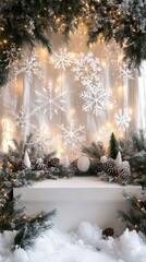 Design a winter-themed podium surrounded by softly falling snowflakes, adorned with evergreen branches, frosty pinecones, and twinkling lights, creating a magical atmosphere for winter events