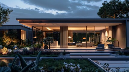 A modern villa illuminated at night