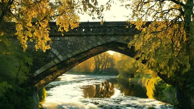 Sunlight illuminating a stone bridge arches over a river surrounded by vibrant autumn colors in a peaceful landscape