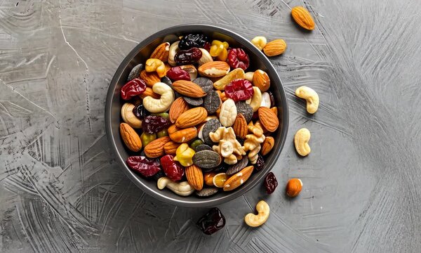 Bowl of mixed nuts and dried fruit on textured background